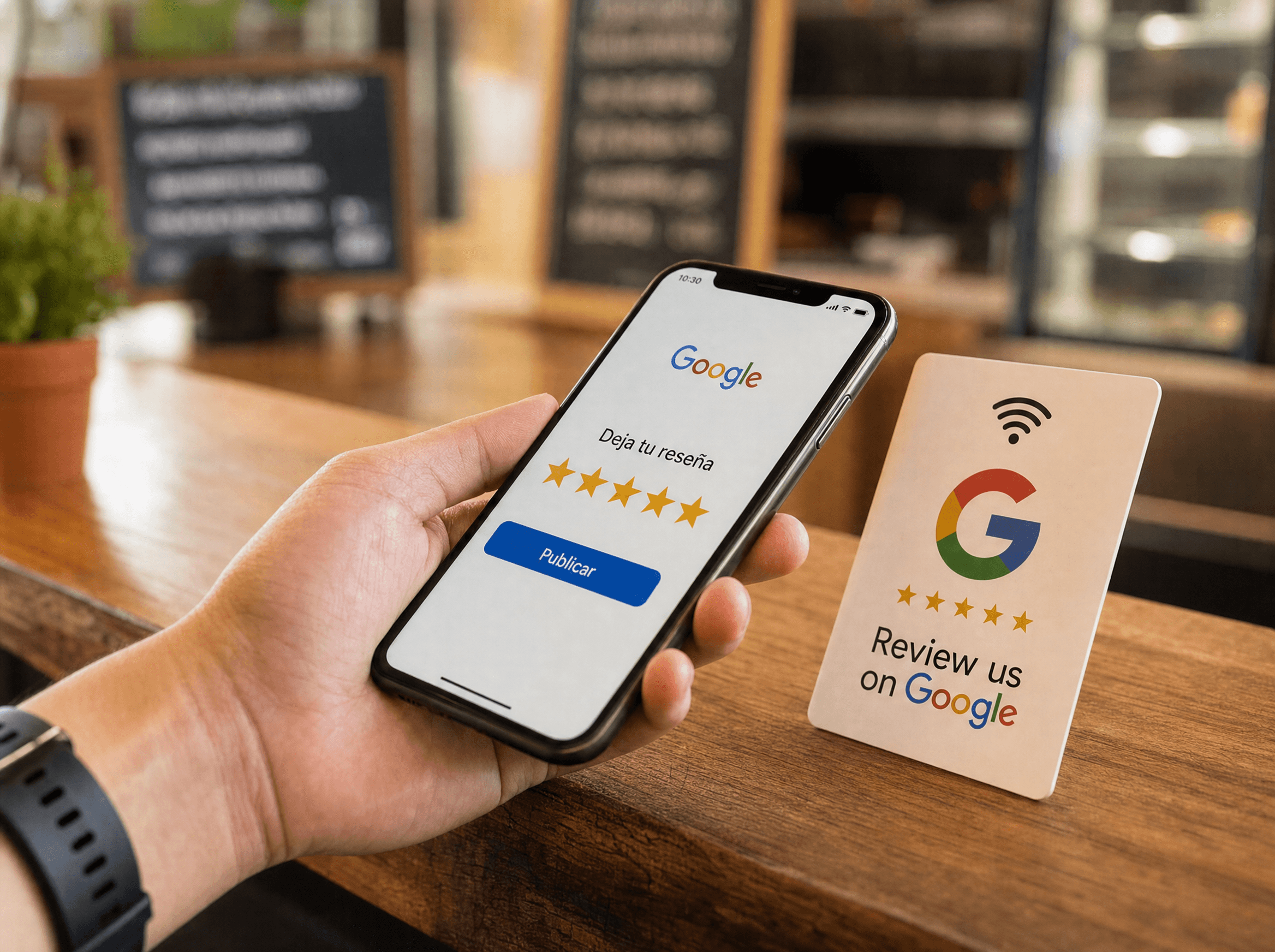 Un cliente acerca su celular a una tarjeta NFC de BOOSTR para dejar una reseña de Google