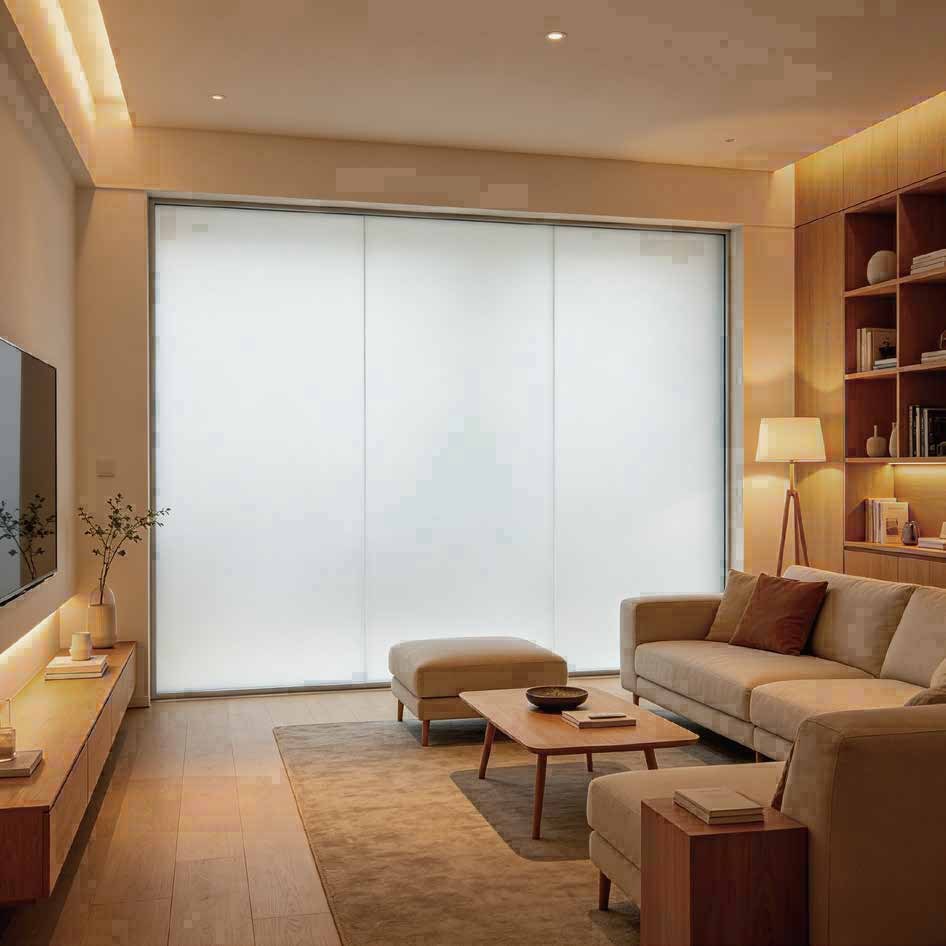 A living room whose window wall is frosted with FILMBASE Smart Film