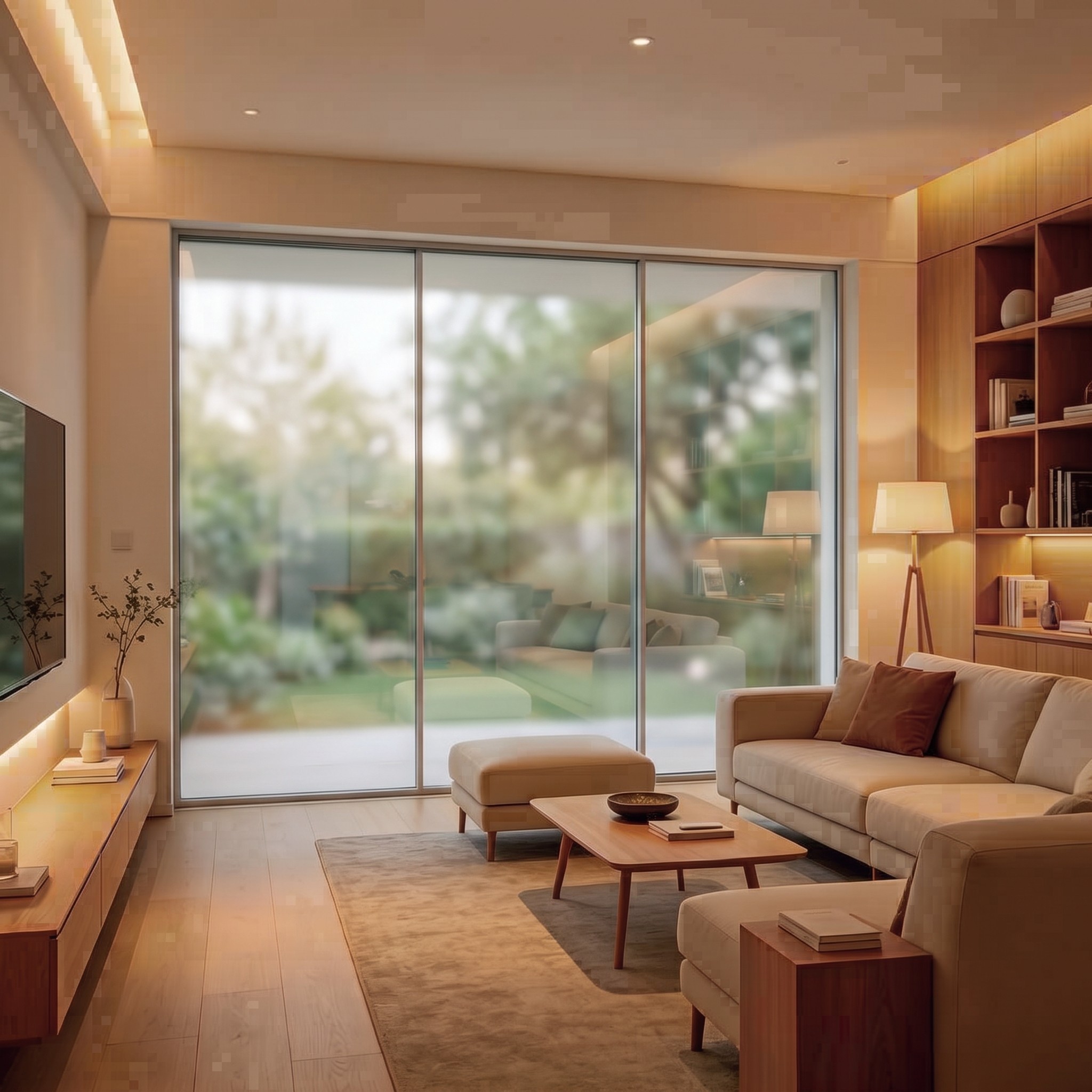 A living room whose window wall is clear with FILMBASE Smart Film, the smart glass switched on